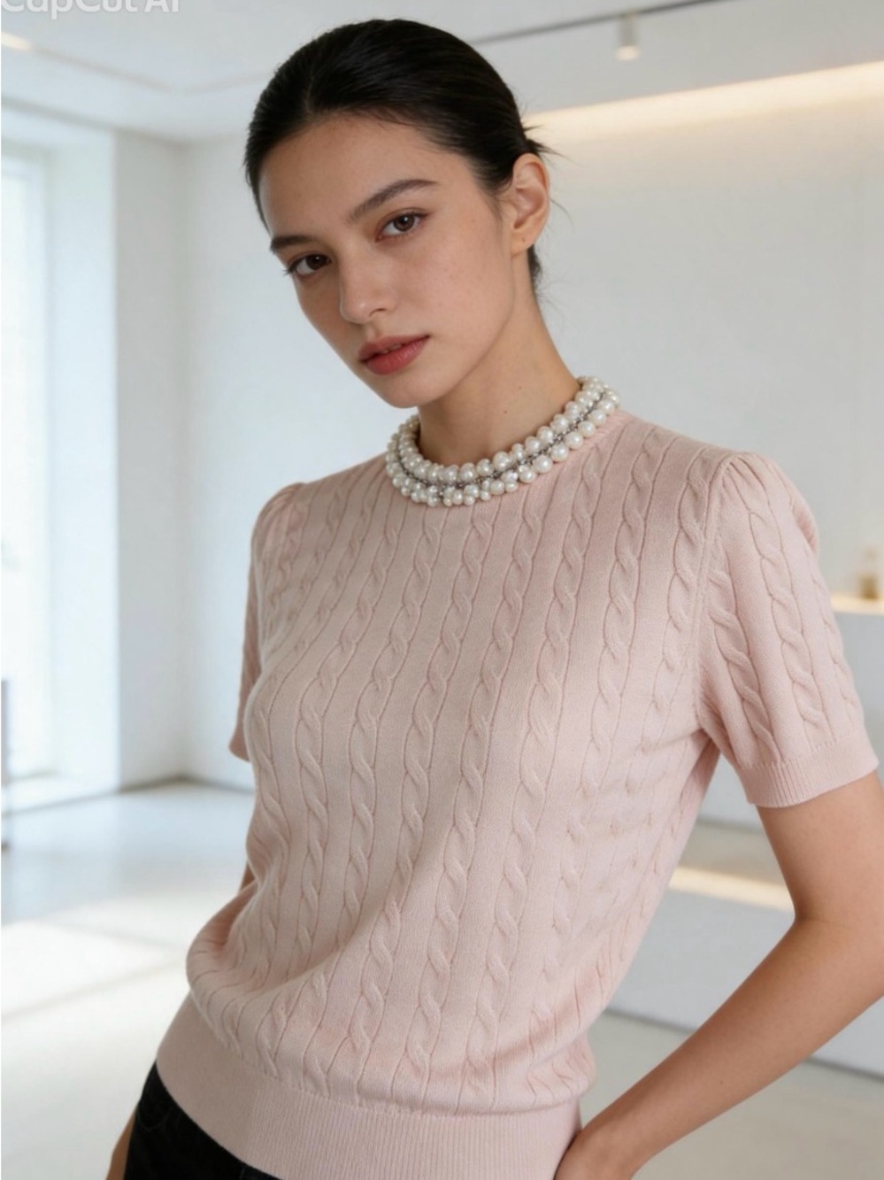 Adrianna Papell Light Pink Cable Knit Short Sleeve Top